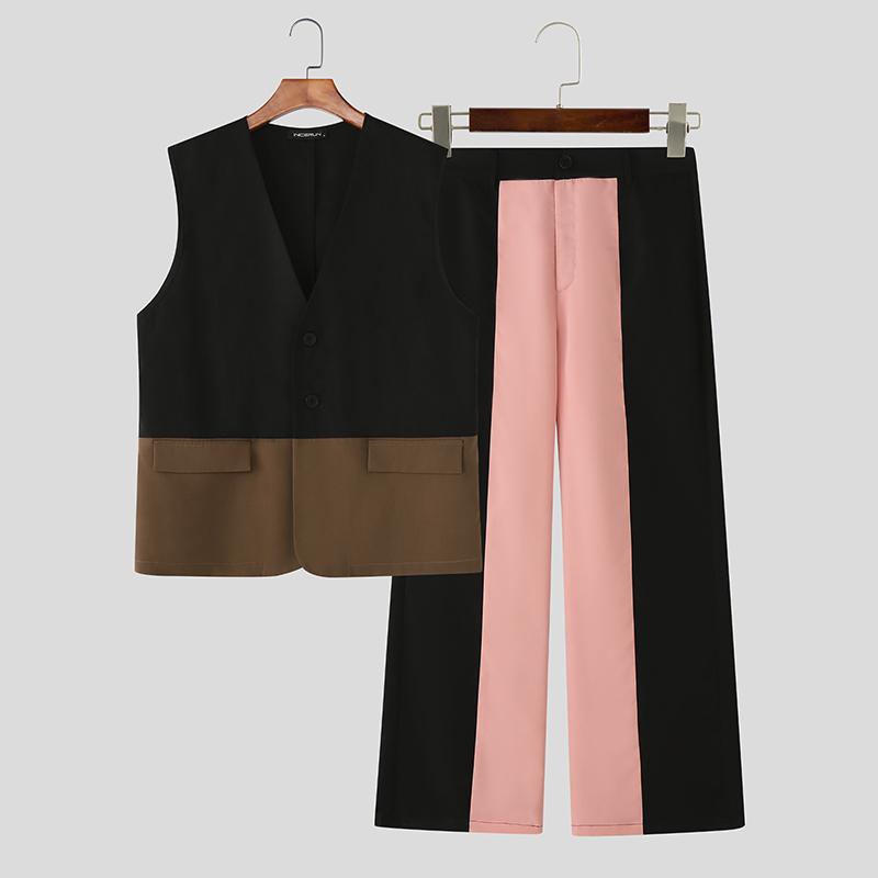 INCERUN Two Pieces Men Sleeveless Patchwork Waistcoat and Long Straight Pants Sets