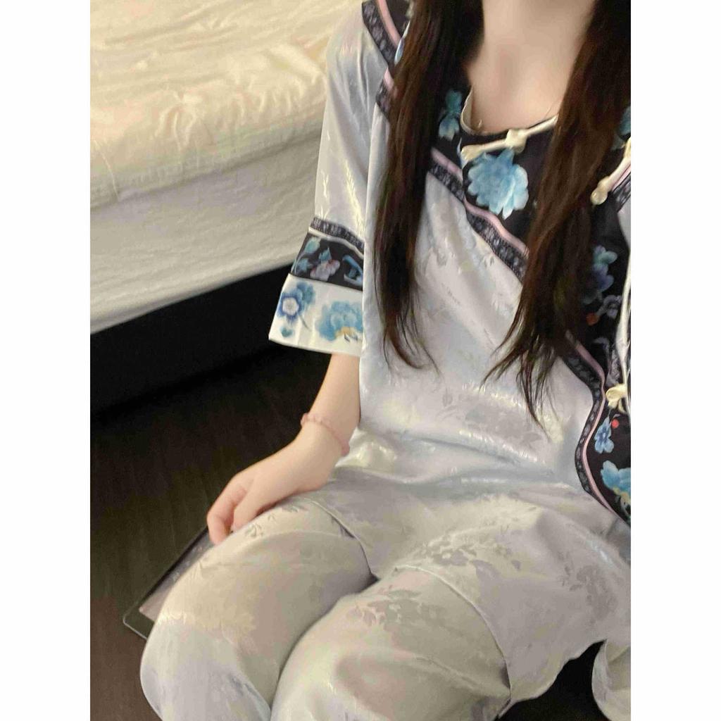 New Chinese ice silk pure desire pajamas women's autumn high-end national style gentle retro short-sleeved trousers loungewear set
