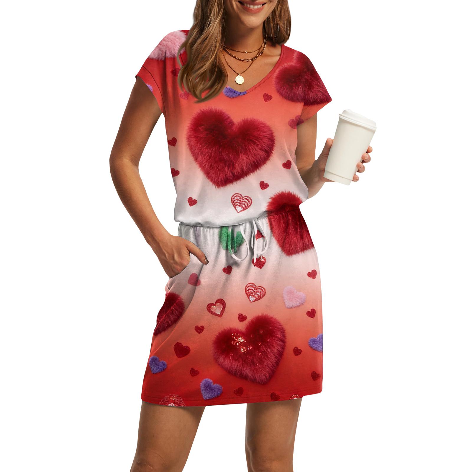 

Women s V-Neck Short-Sleeve Drawstring Pocket Valentine s Day Print Casual Dress XL винний