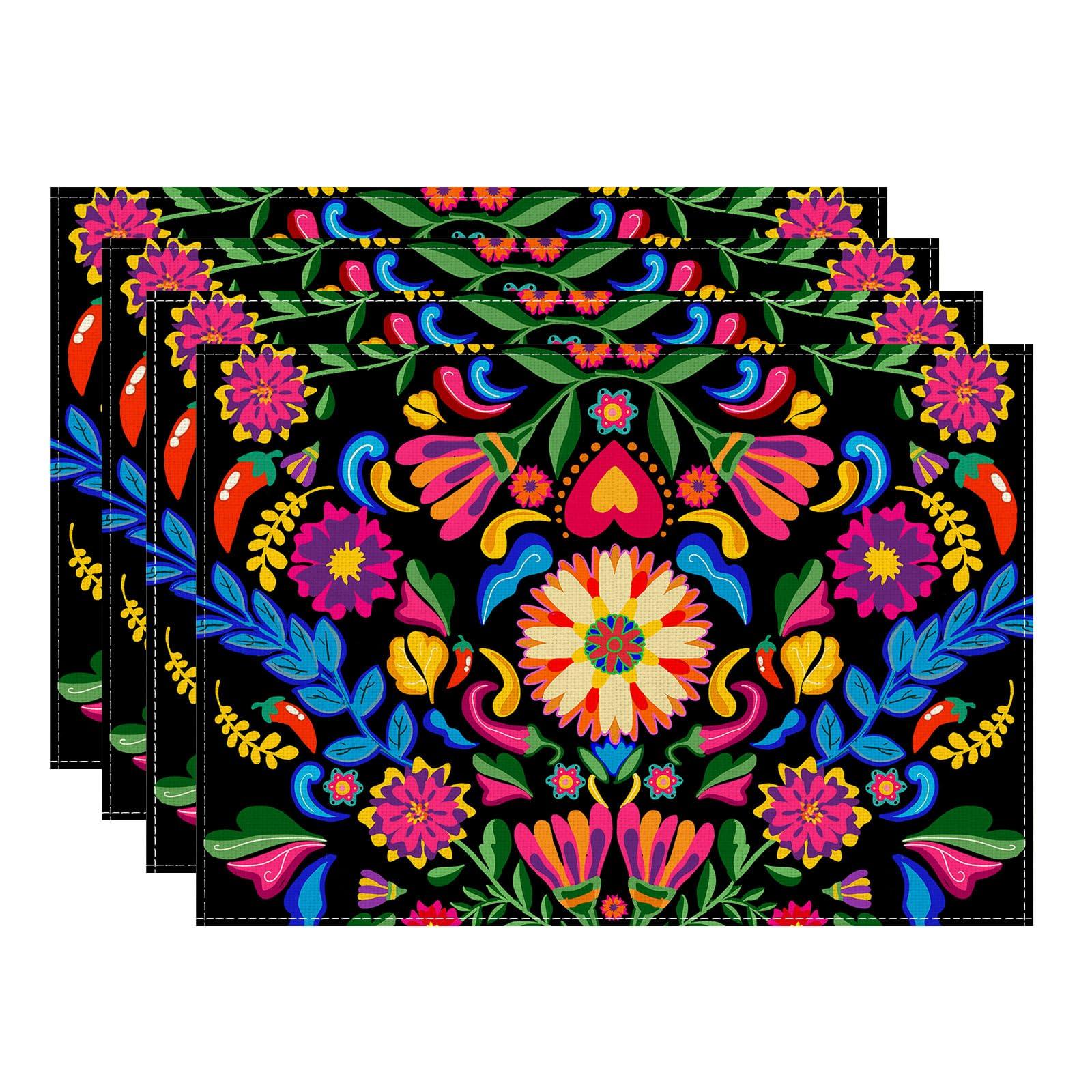 

Colorful Flowers Peppers Dia De Los Muertos Cinco De Mayo Day of The Dead Placemats Set of 4 Table Mats for Party Home Kitchen Dining Table Decoration Placemats Set of 4 （12x18 Inch）