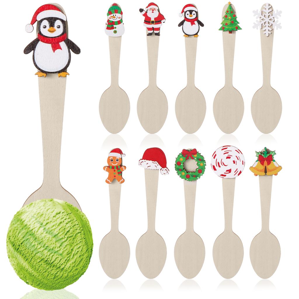50 Pcs Christmas Wooden Spoons Set Hot Cocoa Stirring Spoons Snowflake Gingerbread Man Snowman Candy Cane Spoon For Winter Tasti