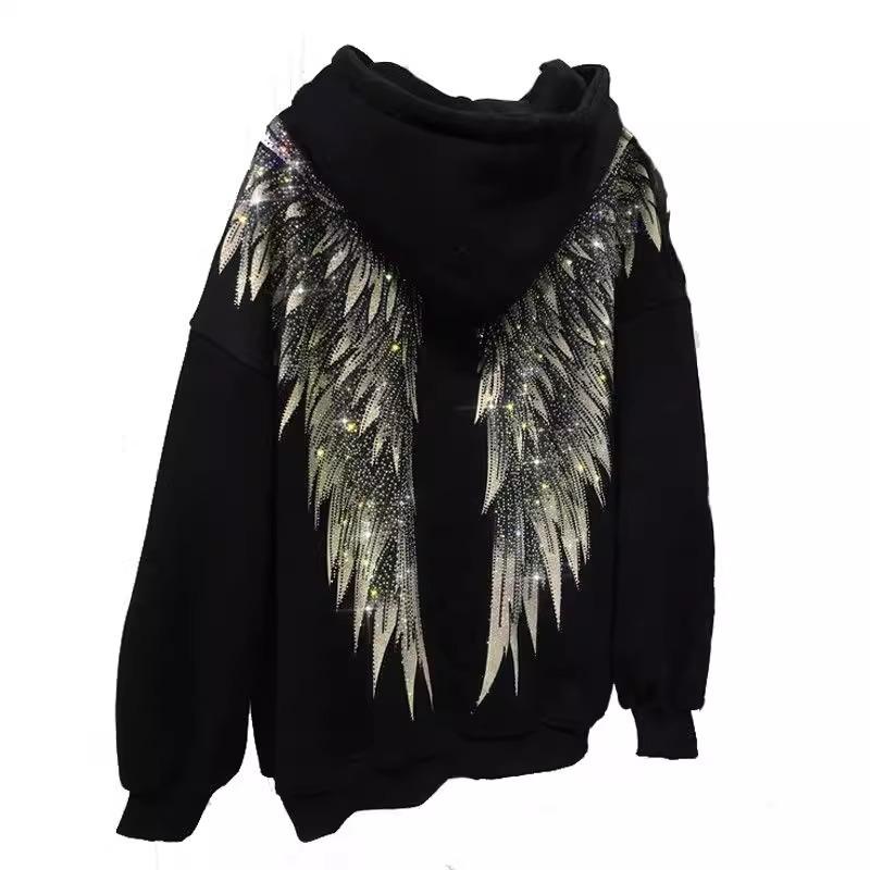 Plus Size Women's Hot Diamond Light Luxury Front and Rear Wings Hoodie Plus Fleece Hoodie