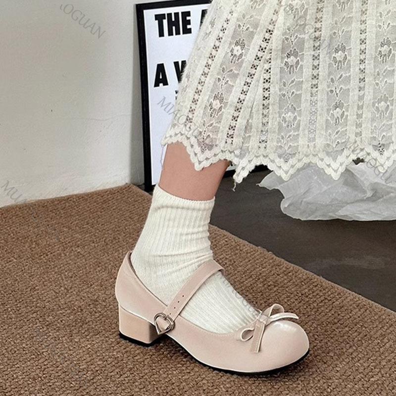 Fashion Bow Shallow Mouth Cute Pumps Spring Autumn Temperament Thick Middle Heel Mary Janes Shoes Solid Round Toe Suede Pumps for Women