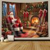 Christmas Fireplace Santa Claus Tapestry, Vintage Winter Xmas Tree Wall Tapestries for Living Room Background Hanging Party Home