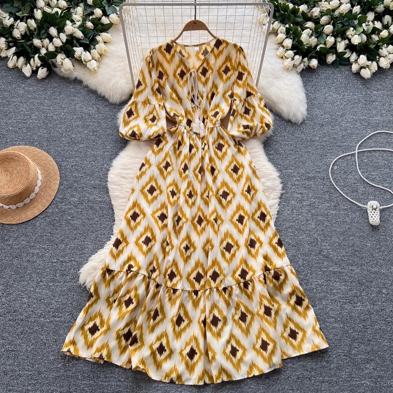 Elegancka Sukienka w Kwiaty Vintage dla Kobiet Letnie Sukienki Sznurowane w Talii Slim Y2k Bufiaste Rękawy Luźne Sukienki