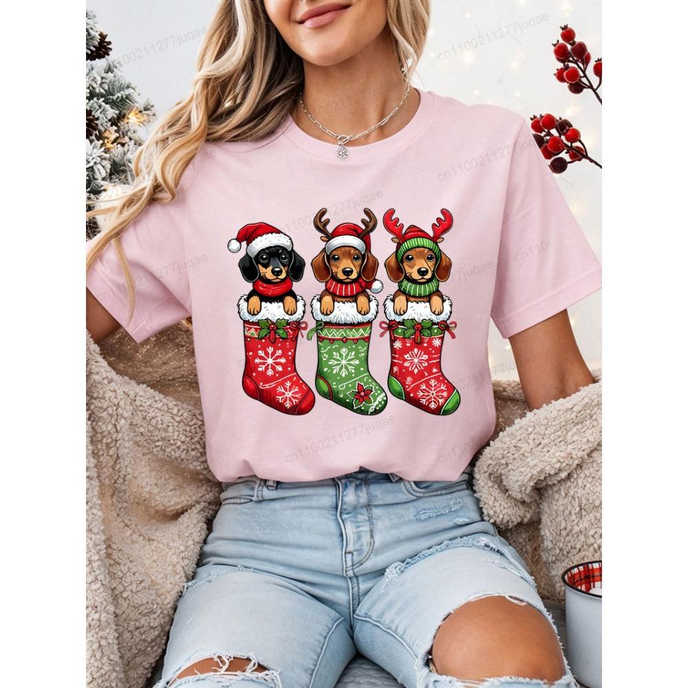 Christmas Dachshund Dog T‑Shirt Women Xmas Stocking Santa Hat Print
