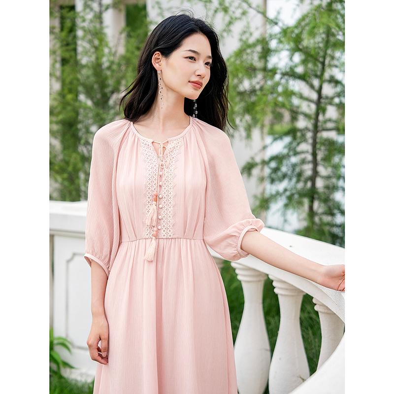 Jiuzi Anna Kou Laziness Wave and Ethnic Style Laisel Waist Dress Women's 2025 Summer New Style