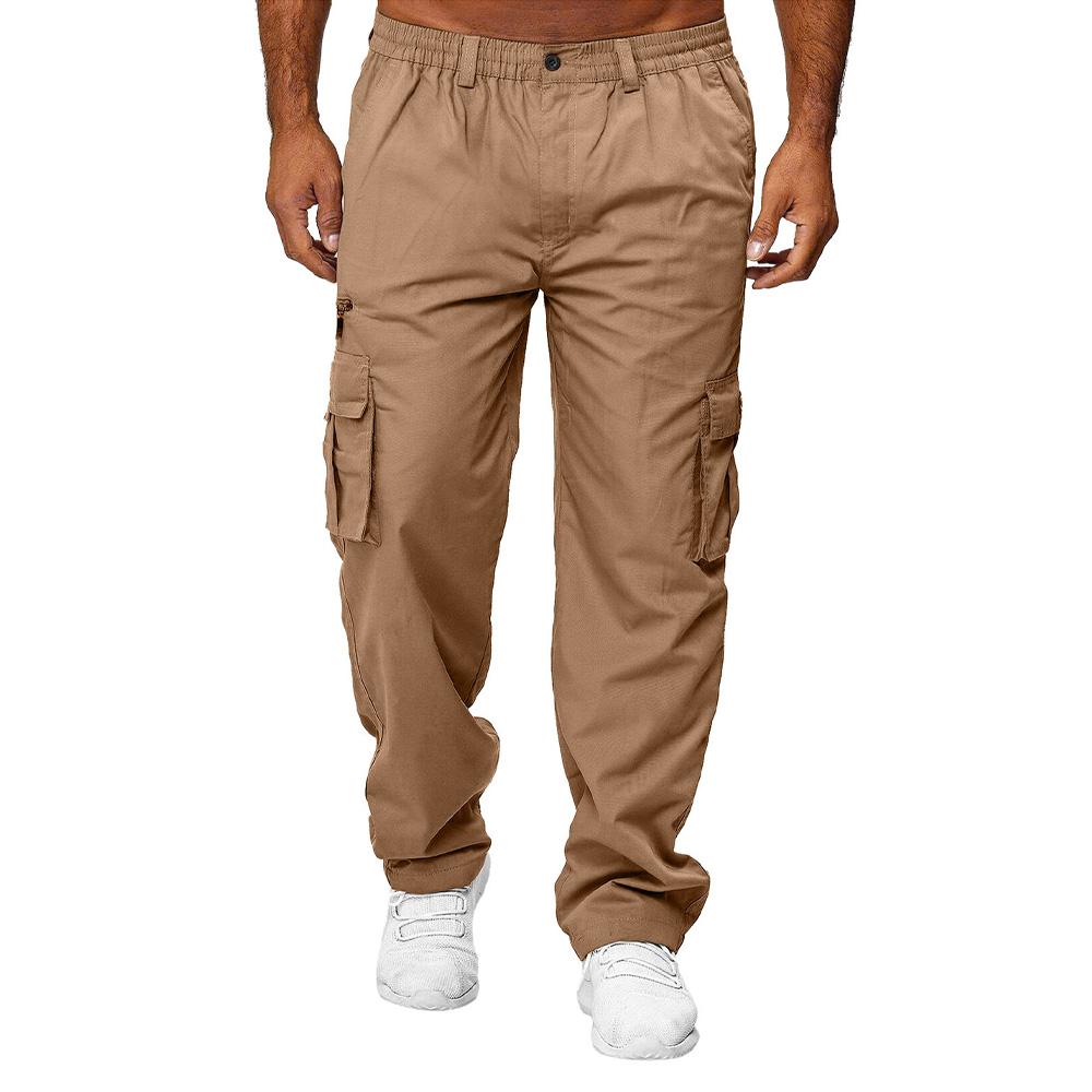 Men Casual Trousers Multi Pocket Cargo Pants Middle Waist Solid Color Loose Clothes Outdoor Sports Long Pants