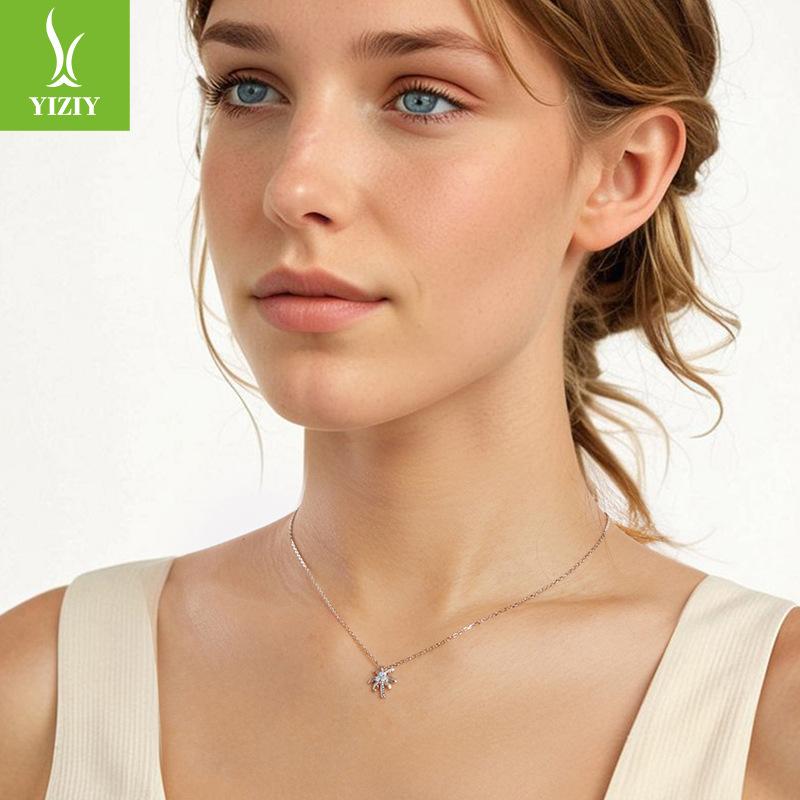 925 Sterling Silver Platinum Plated, New Coconut Tree Necklace Opal Necklace Women'S Light Luxury Niche Exquisite Jewelry Cross-Border
