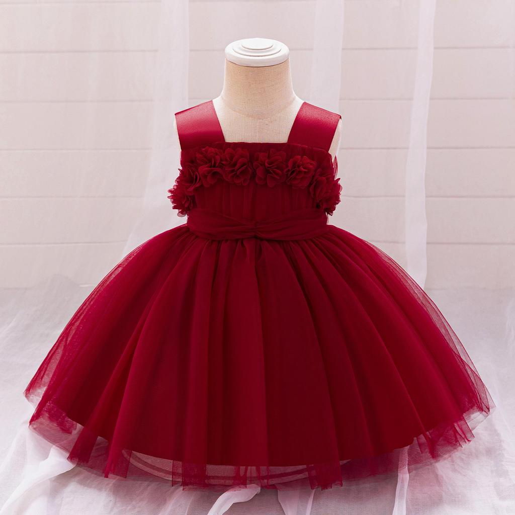2024 Girls' Princess Dress with 3D Floral Mesh - Perfect for First Birthday