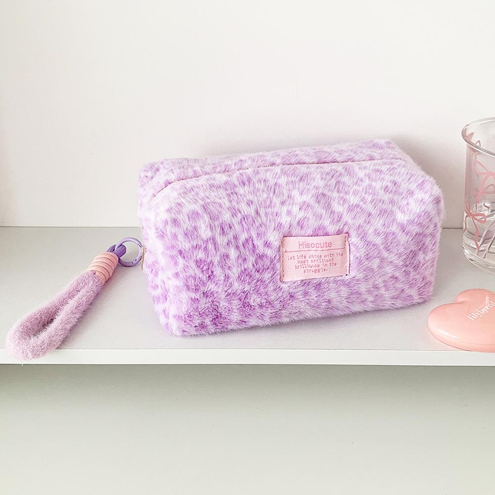 Leopard Print Plush Makeup Bags with Handle Portable Travel Cosmetic Storage Bag Toilet Bag Cute Pencil Case Fashion Handbag