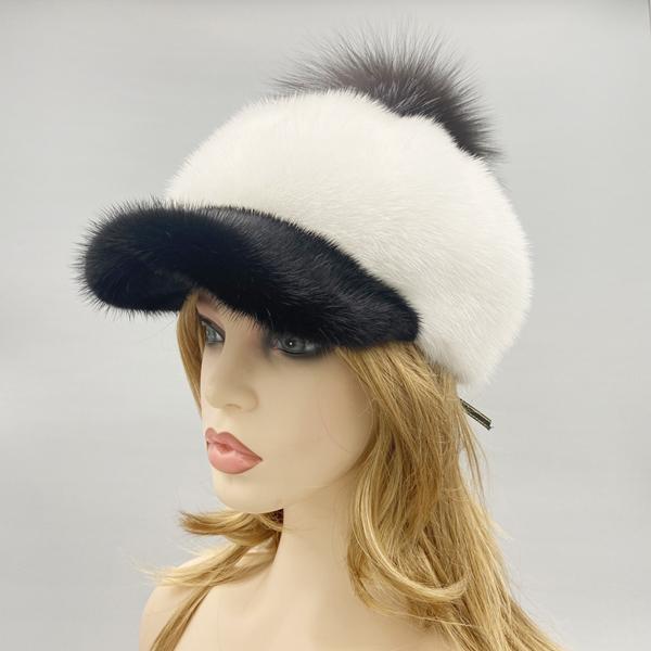Mink Fur Hats for Women Brim Pompom Hat Winter Warm Solid Genuine Luxury Fur Baseball Cap High Quality Female Stylish Headwear