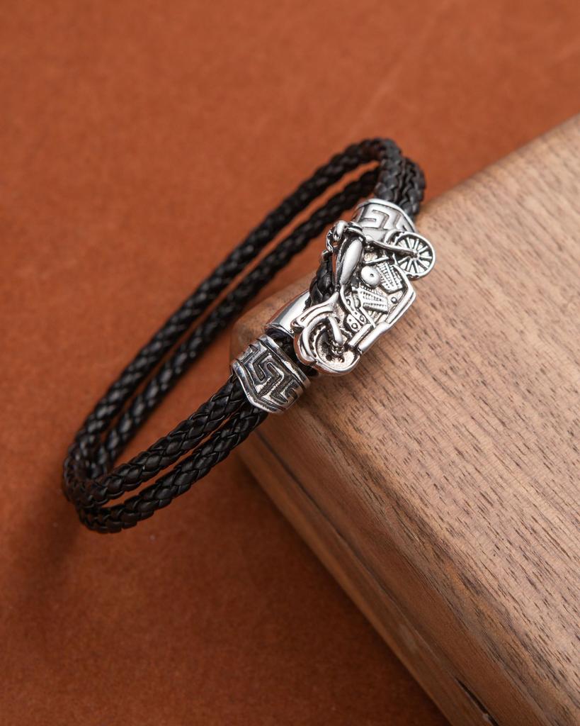 Punk Leather Wolf Head Bracelet Handwoven Beaded Bracelet Men'S Personality Cycle Chain Hand Jewelry