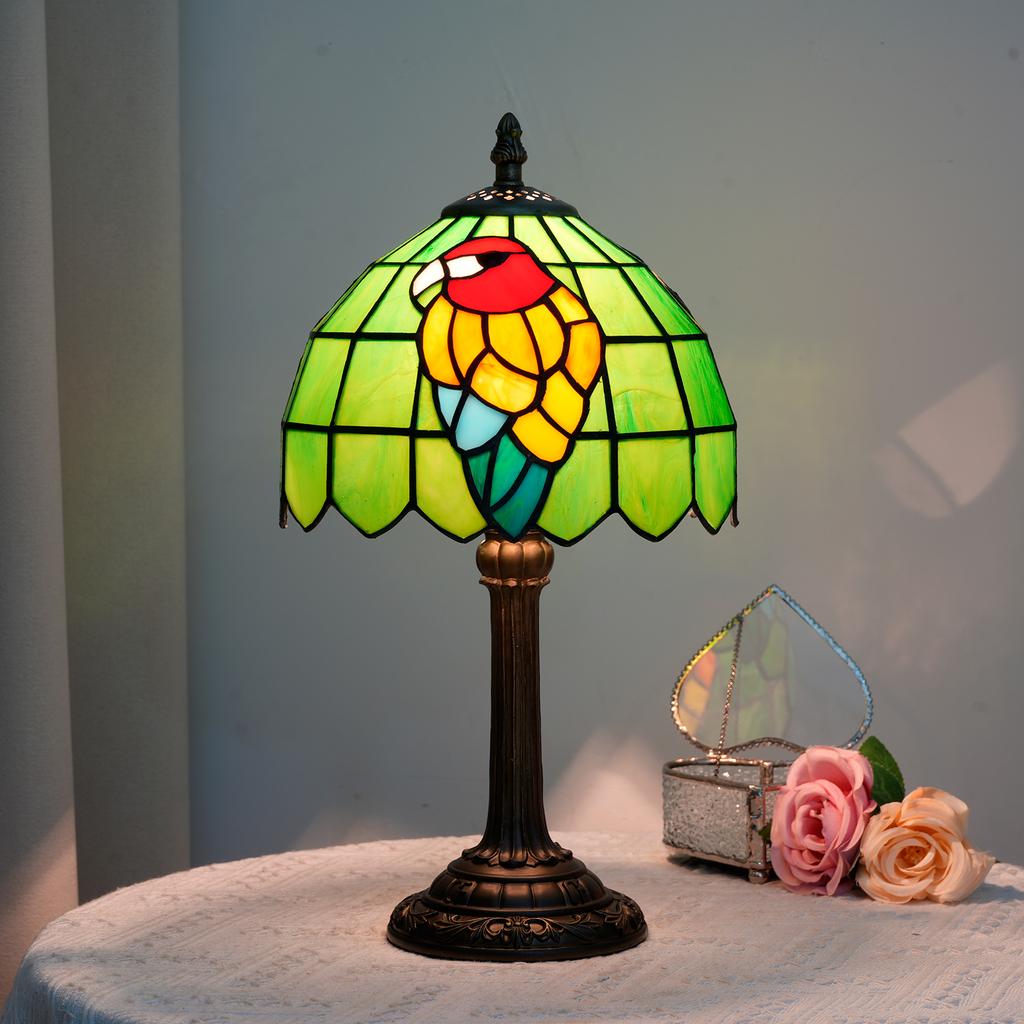 Green Bird Style Parrot Lamp Stained Glass Lamp 8 Inch Stained Glass Table Lamp for Home Office Decoration