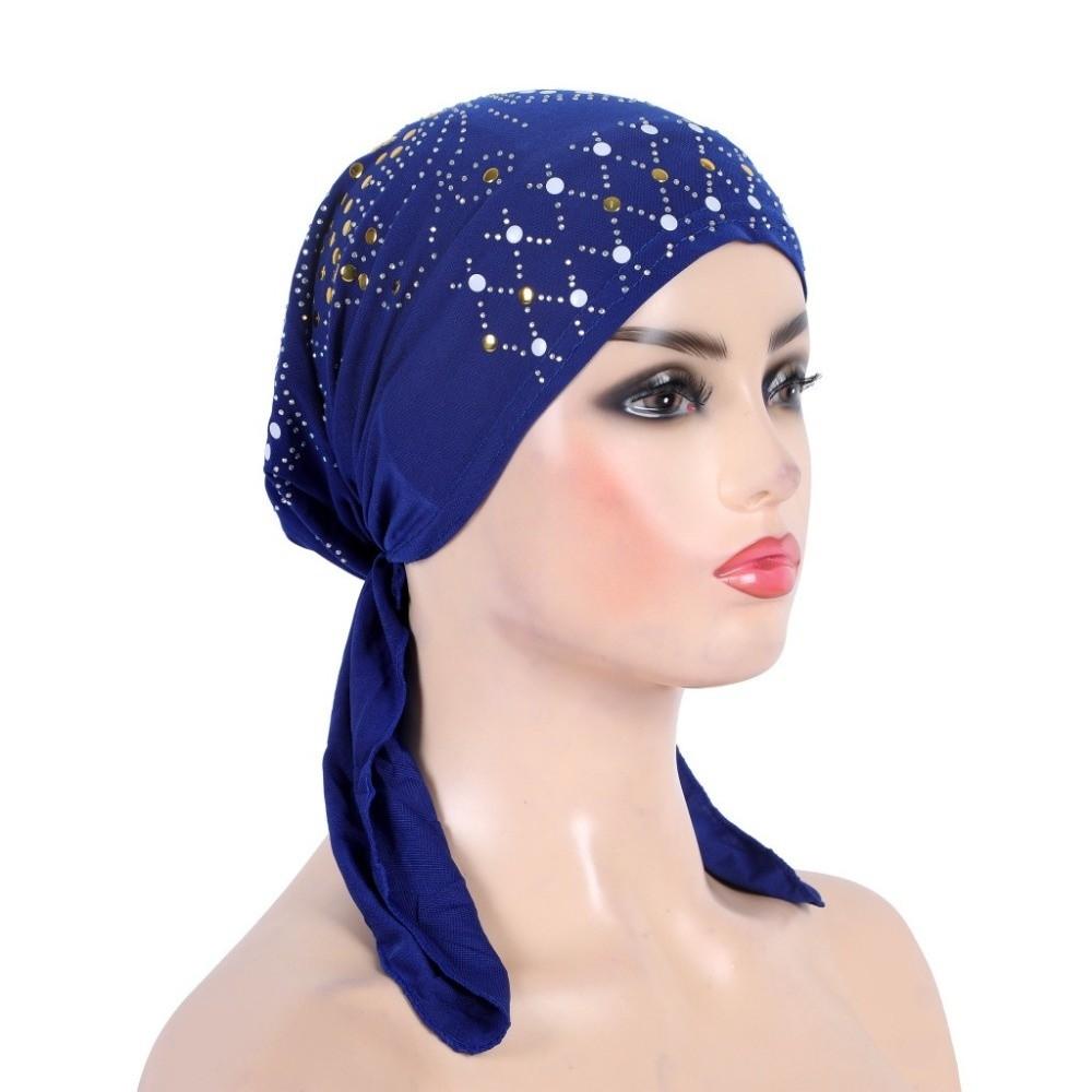 

NEW Gold Sequins Turban Hijab Solid Color Breathable Pull On Headwrap Cotton Soft Headscarf Hat темно-синий