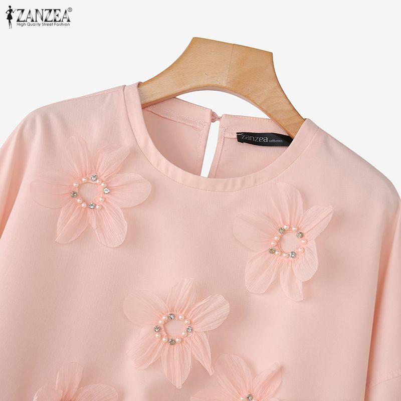 ZANZEA Lässige Bluse mit Rundhalsausschnitt und 3/4-Ärmeln für Damen