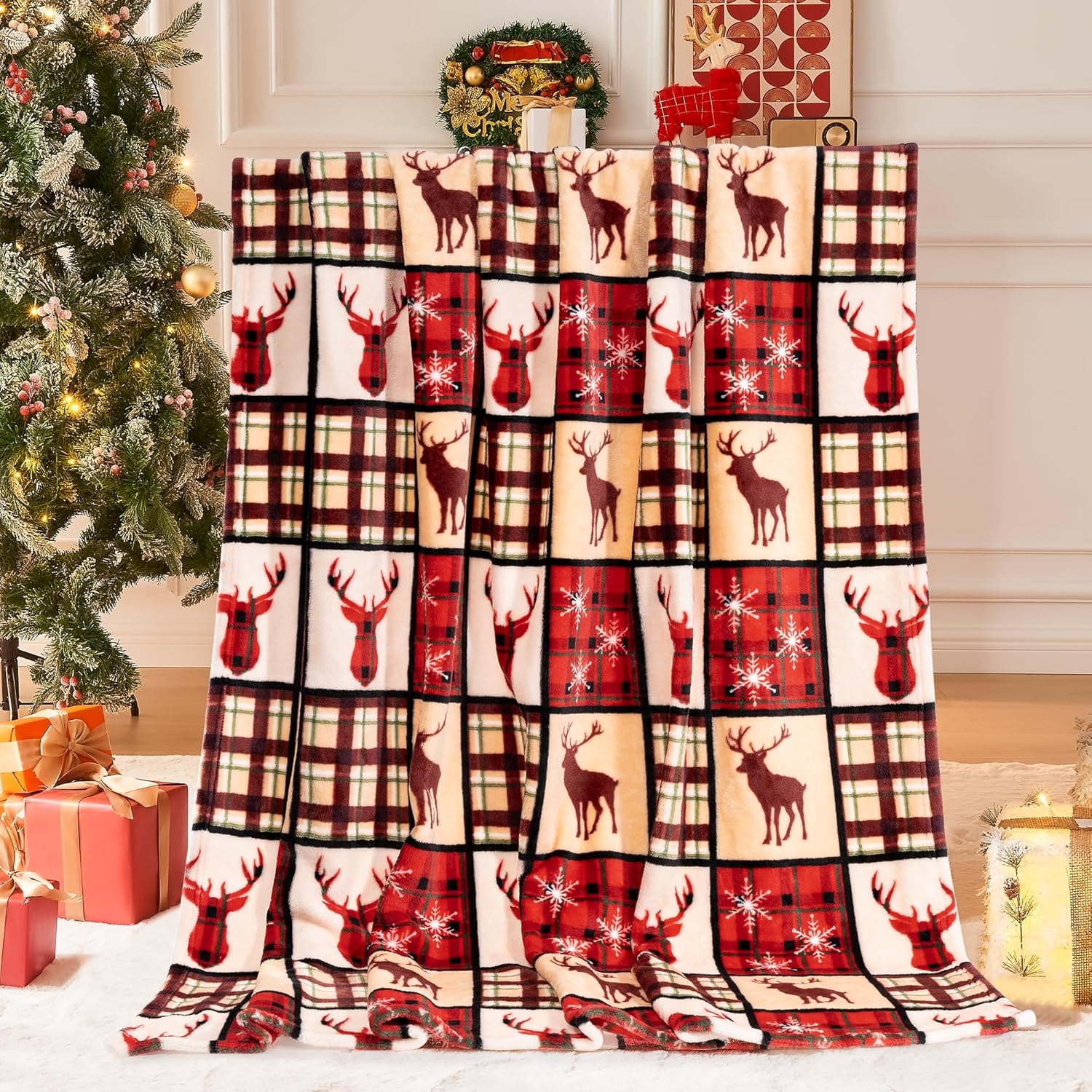 

Рождественский олень Плед Фланелевая ткань С клетчатыми узорами снежинок и оленей Для комфортных моментов в жилом пространстве 30x40in