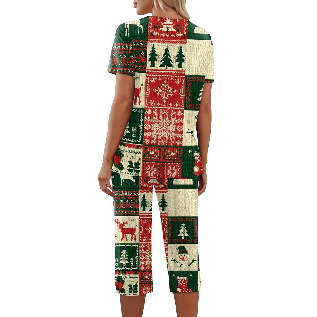 Women's Casual Christmas Print Two-Piece Outfit with Short Sleeve Top and Pants