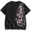 Maglietta Fiore di Ciliegio Floreale Giapponese Sakura Vintage Lavaggio Acido T-shirt Grafica Nera