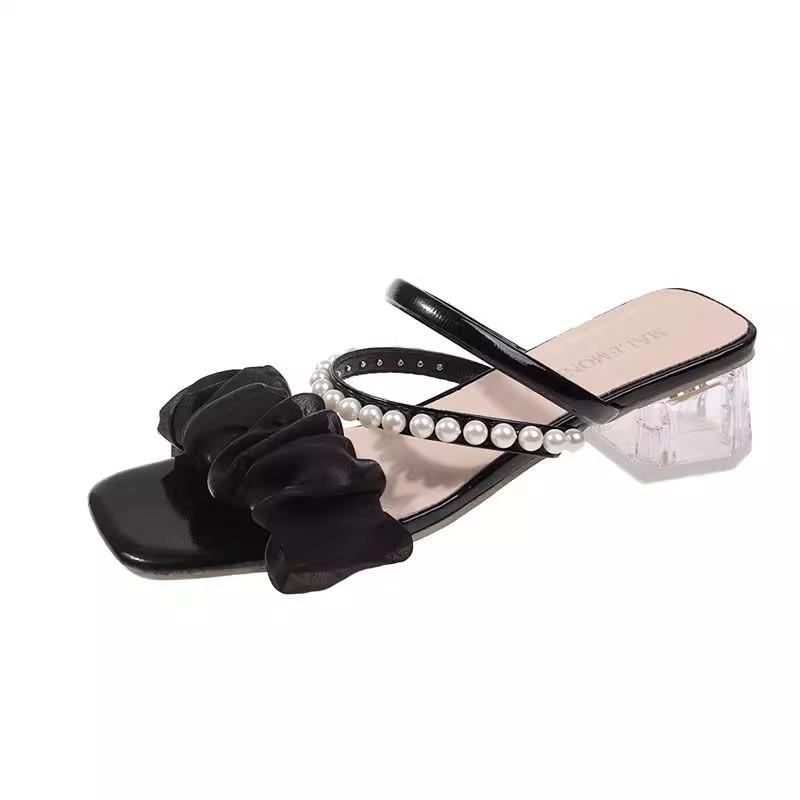 Cool Slippers Women's New Summer Medium Heel Thick Heel Versatile Outer Wear Pearl Two Wear Sandals