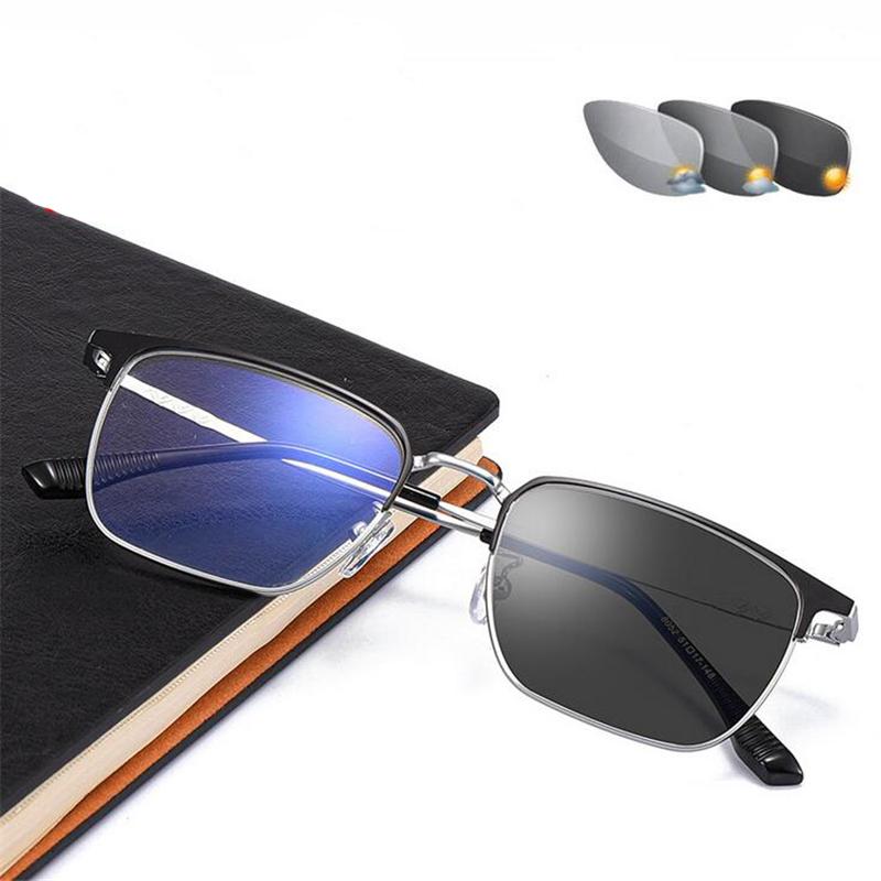 Metal Sun Photochromic Gray Square Shape Eyeglasses Full Frame Multifocal Progressive Prescription Lens Spectacles