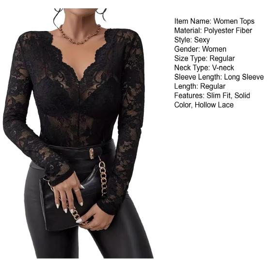 Women Tops V-Neck Long Sleeve See-through Lace Floral Design Pullover Tops Slim Fit Layering Versatile Tops