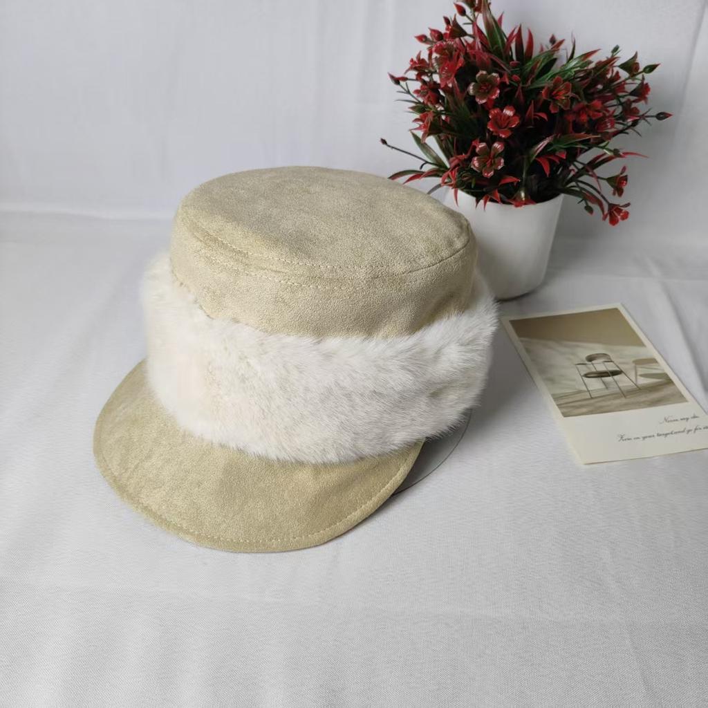 Fashion retro suede military hat women's autumn and winter new plush splicing temperament fashionable and face newsboy hat