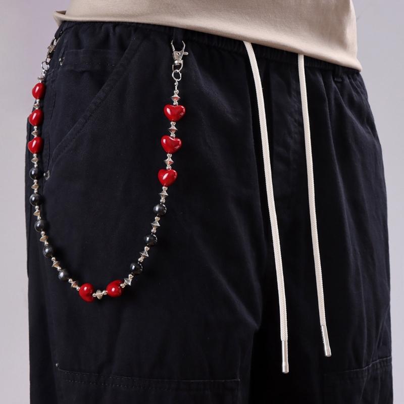 Elegante Catena per Pantaloni in Metallo con Design a Cuore Rosso con Perline Catena per Pantaloni Gotica Decorazione per la Vita Gioiello di Moda Unisex