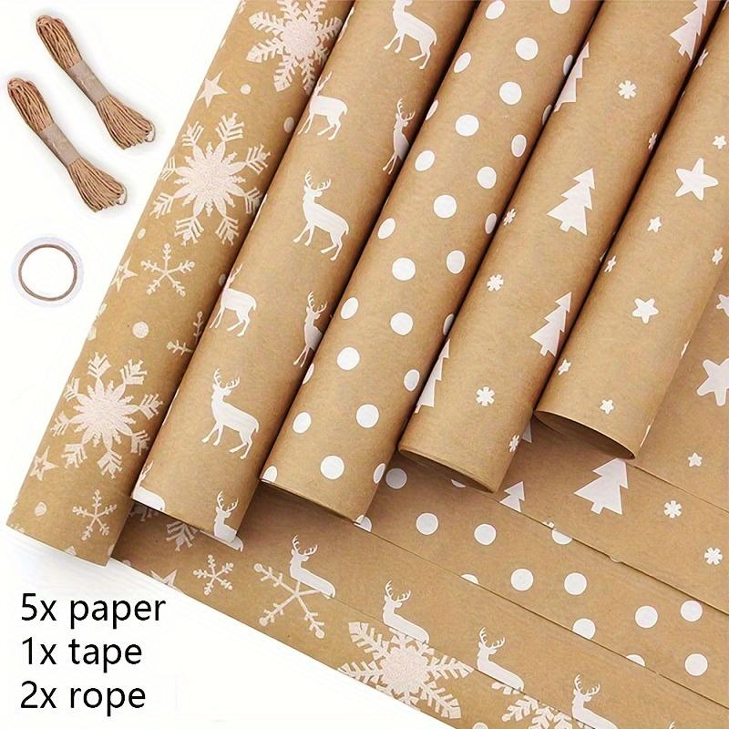 8-Pack Christmas Gift Wrapping Paper Rolls, Kraft Brown with White Patterns, Eco-Friendly Paper Material