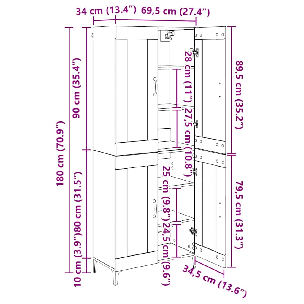 Wall Mounted Highboard Reclaimed Wood Look 27.4 x 13.4 x 70.9 in (L x W x H) Engineered Wood