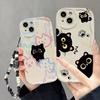 Phone Case For Google Pixel 10 7 8 9 Pro XL 8A Silicone Wavy Edge Cute Black Cat With Wrist Strap Lanyard Chain Hot Cover Shell