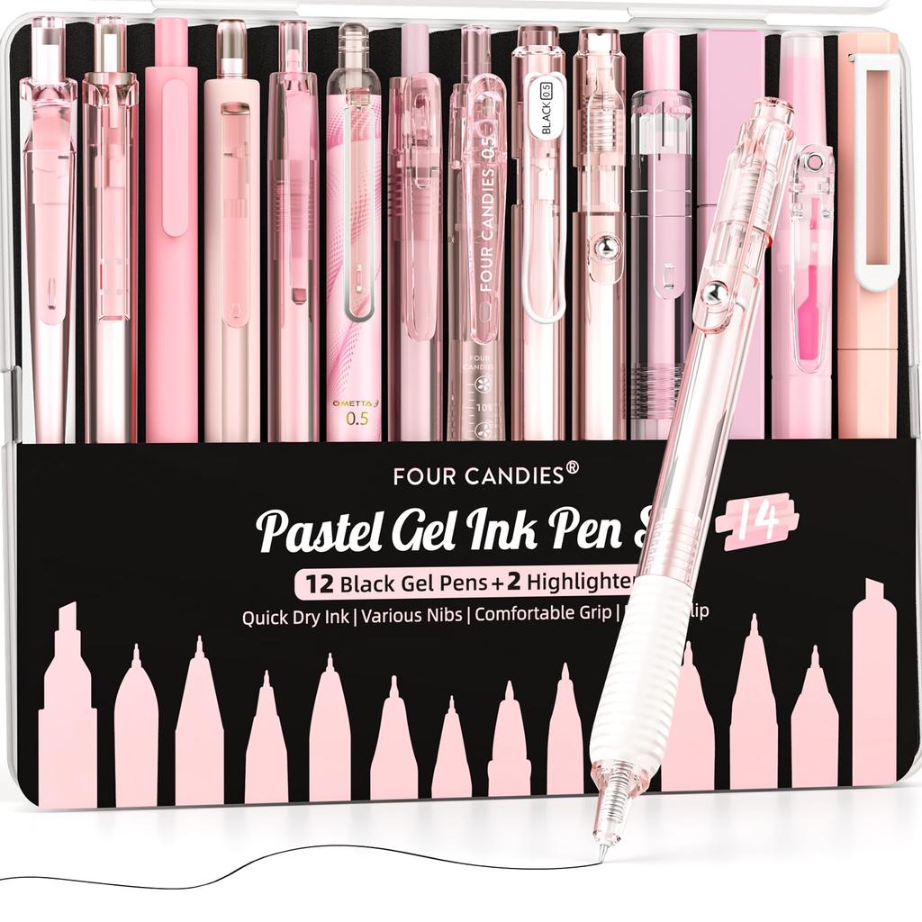 Four Candies Gel Ballpoint Pen Cute Notebook Gel 12 Ballpoint Pens 2 Easy to Quick Drying Perfect for School Writing Student Stationery Pink Set,