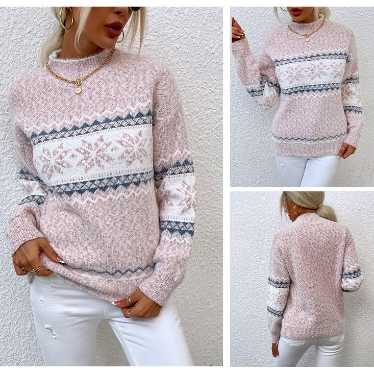 Popular OZON autumn and winter women's clothing Christmas snowflake pattern semi-turtleneck sweater needle