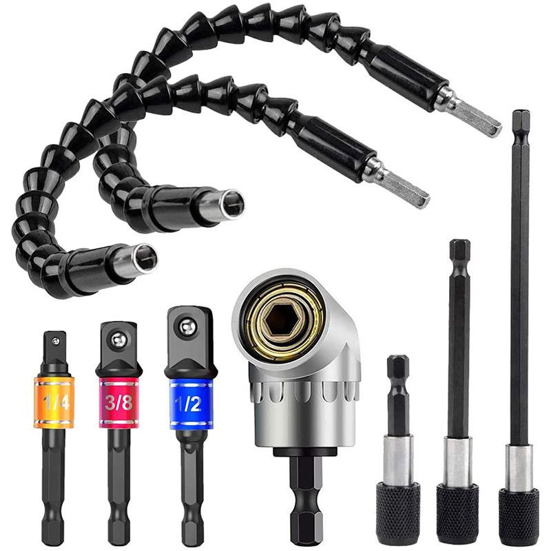 Extensie flexibilă de burghiu cu tijă hexagonală, set de biți de burghiu cu piuliță de burghiu, extensie de biți de burghiu flexibilă + adaptor universal cu soclu + șurubelniță Bi