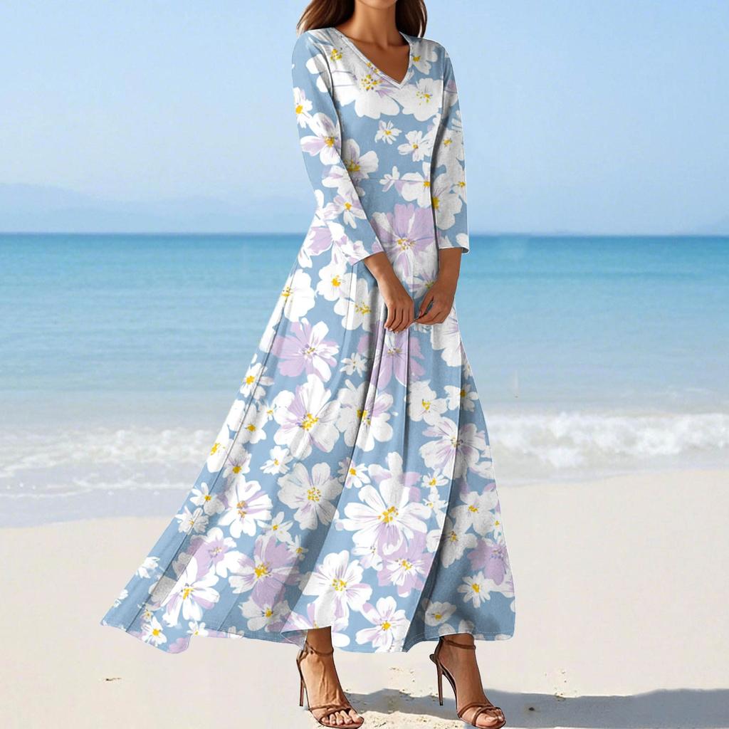 Women's Fashion V-Neck Floating Beach Dresses Seven Sleeve Floral Printed Dresses