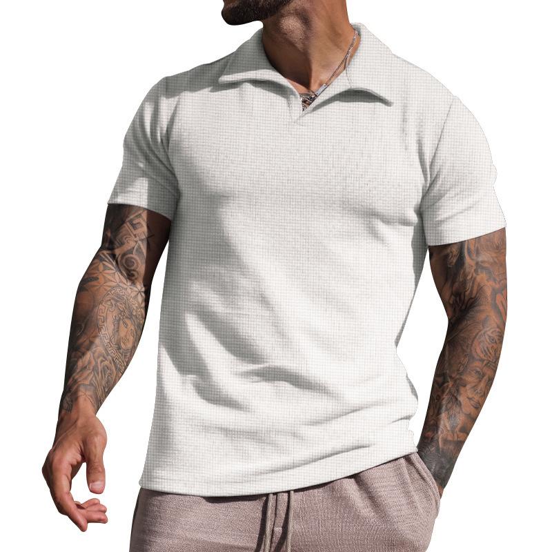 Men's summer lapel T-shirt men's heavy waffle oversize short-sleeved solid color casual V-neck Polo shirt