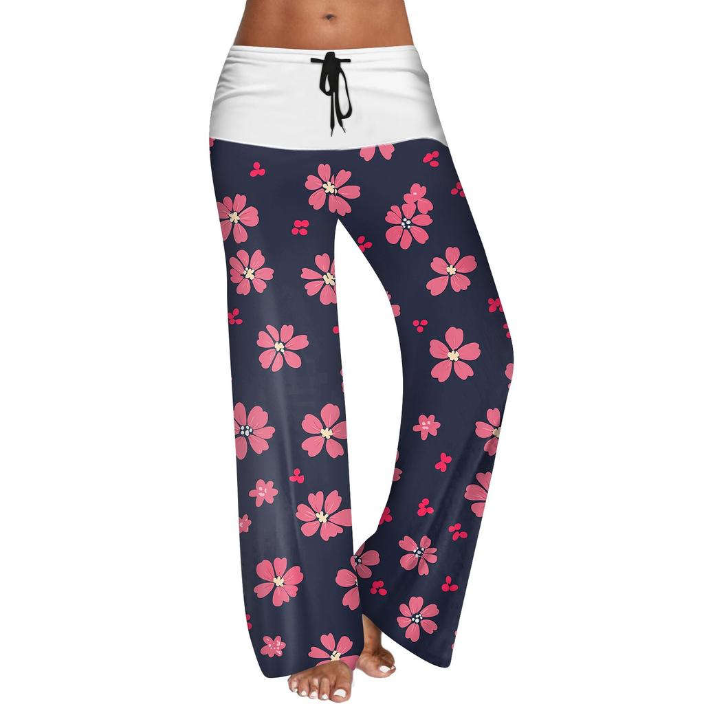 Women's Drawstring Elastic Waistband Wide Leg Color Matching Floral Printed Casual Pants