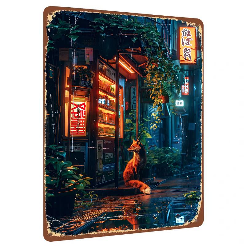

NeonFoxNeon Rainy Night Fox Convenience Store Japanese Street View Metal Iron Painting Modern Home Wall Decor Art Hanging 20x30cm（7.8x11.8inch）