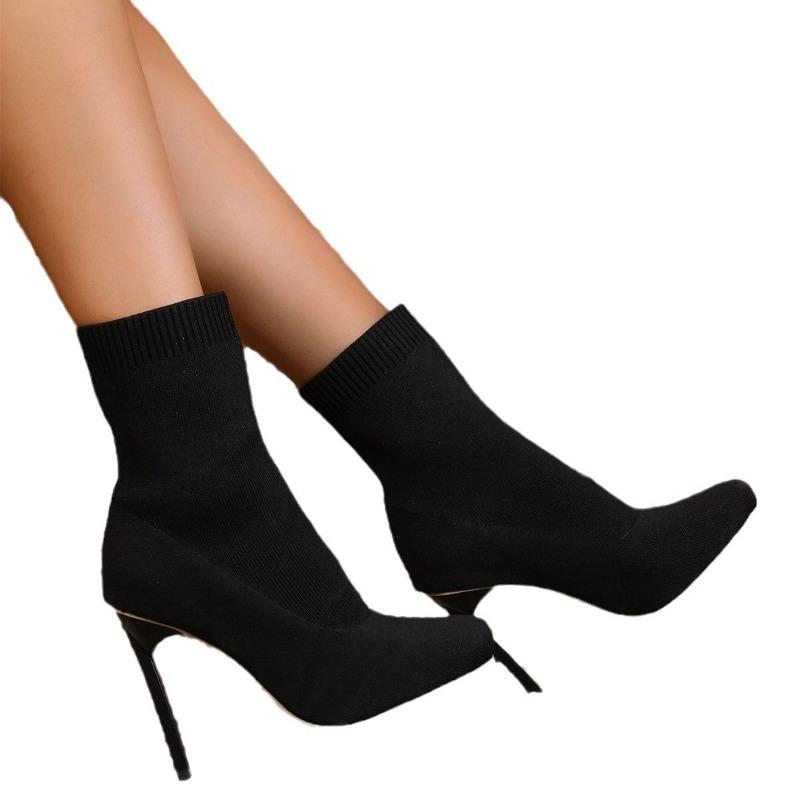 New Pointed Fly-woven Breathable Mid-tube Boots Women's High-heeled Thin-heeled Elastic Socks Fashion Boots