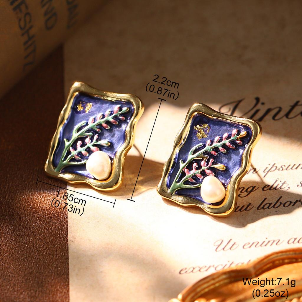 French court style natural pearl oil painting series niche high-end earrings retro new love geometric earrings women
