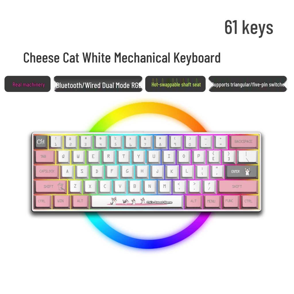 Dual-Mode 61-Key Wireless/Wired Mechanical Keyboard - Compact, Portable, Silent Gaming/Office Design for Girls