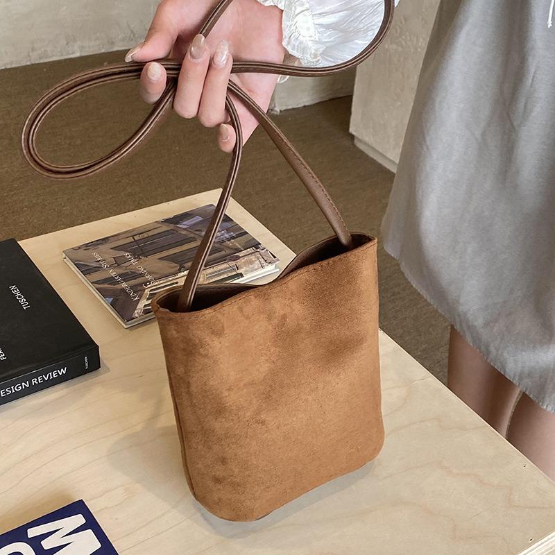 Women Fashion Mini Suede Pu Single Shoulder Underarm Small Bucket Handbag