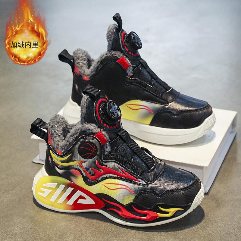 Children's basketball shoes Boys' shoes 2025 winter new sports shoes fleece warm large cotton shoes non-slip running shoes