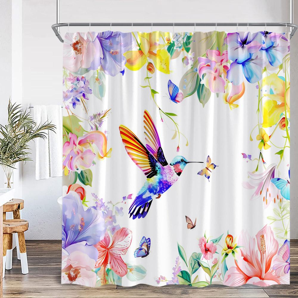 Rideaux de douche Colibri Aquarelle Florale Papillon Fleurs Épanouies Plantes Floraison Décor de Baignoire Printemps