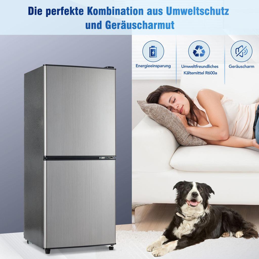 106L Energy-Saving Mini Fridge LED, 60L Refrigerator + 46L Freezer, 7 Temperature Settings, Adjustable Shelves, 166 Kwh/Year, 45db