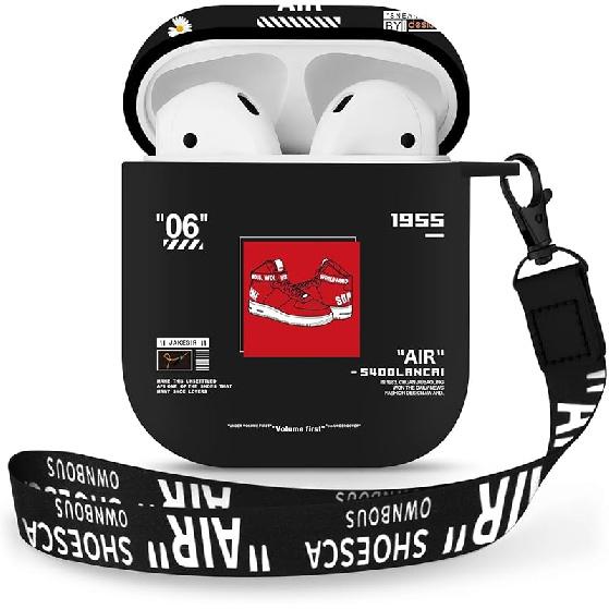 AirPods 1&2 Case Cover with Keychain for Apple AirPods 1st/2nd Generation, Rugged TPU Soft Protective Cover, Black Red