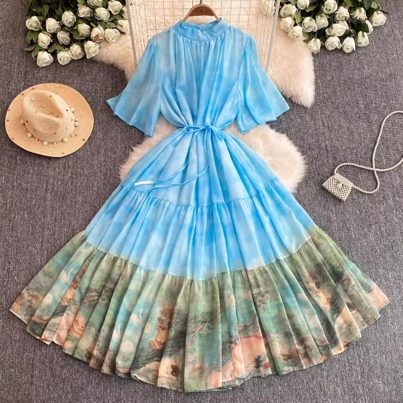 Temperament Stand Guler Rochie cu mâneci scurte evazate Femei Robă cu talie înaltă subțire 2024 New Ink Printr Rochii de femeie cu dantelă