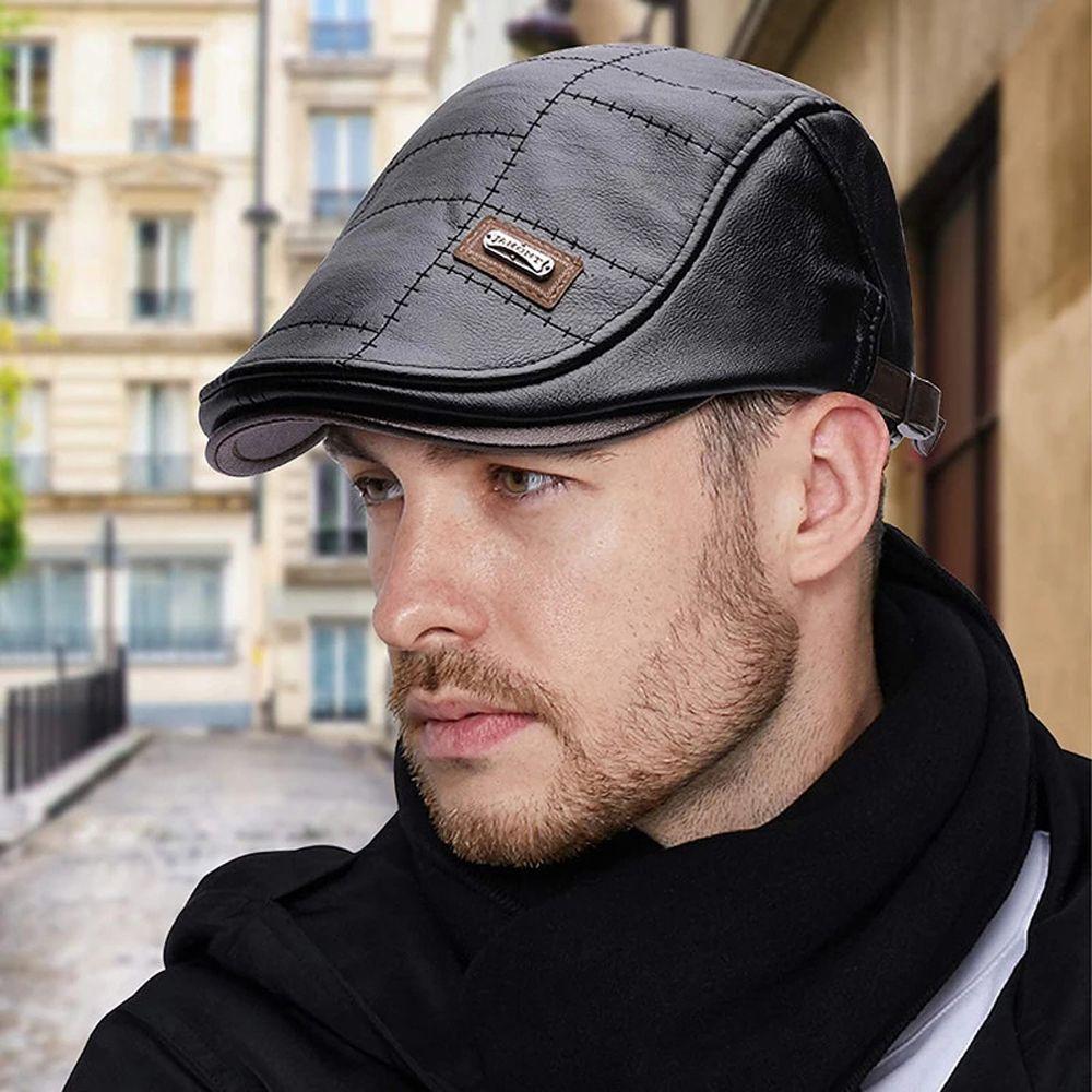 British Style Solid Color Forward Peaked Cap Korean Style Hat Leather Flat Cap Men Beret Hat