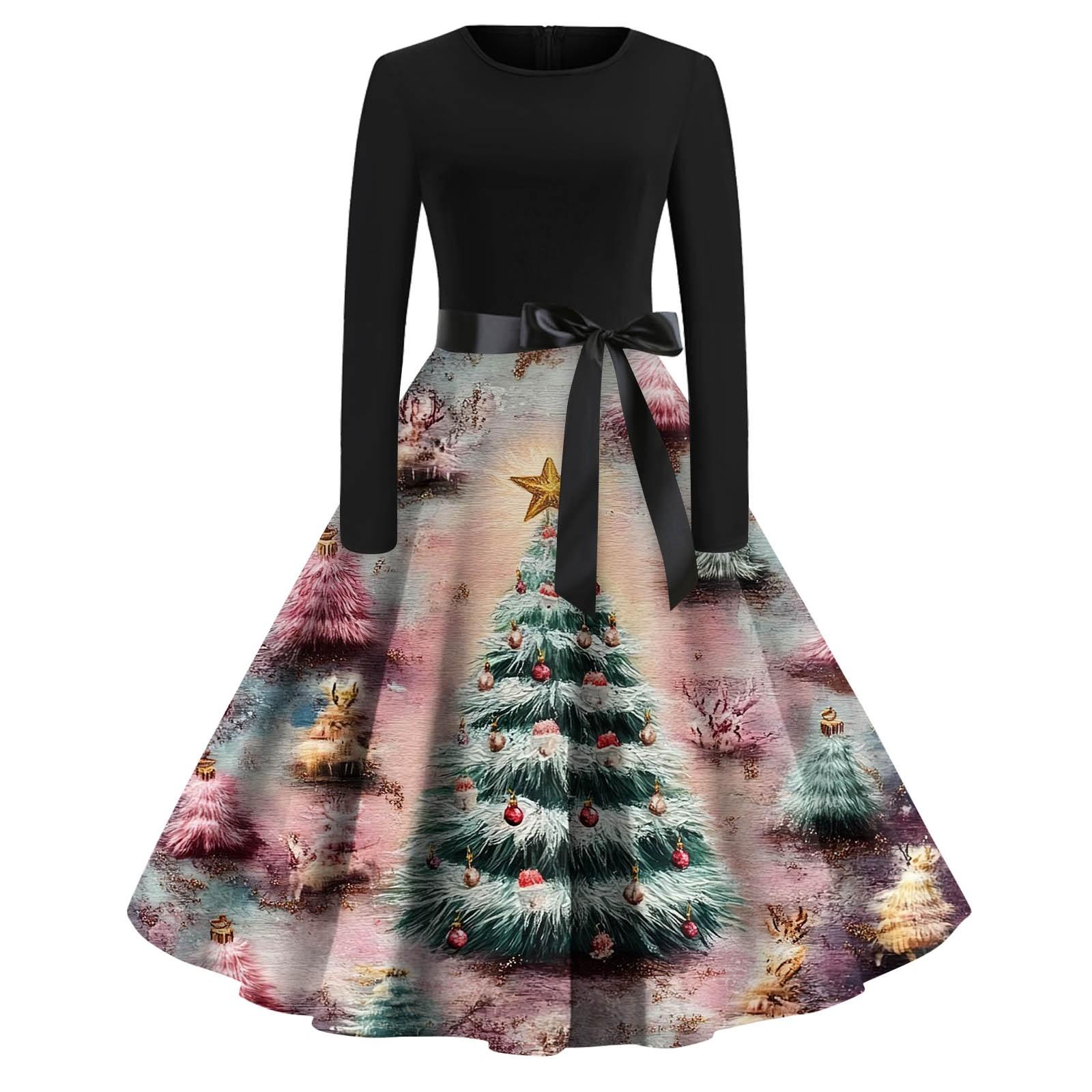 

Женские повседневные модные длинные платья с рождественским графическим принтом и длинными рукавами в винтажном стиле M розовый