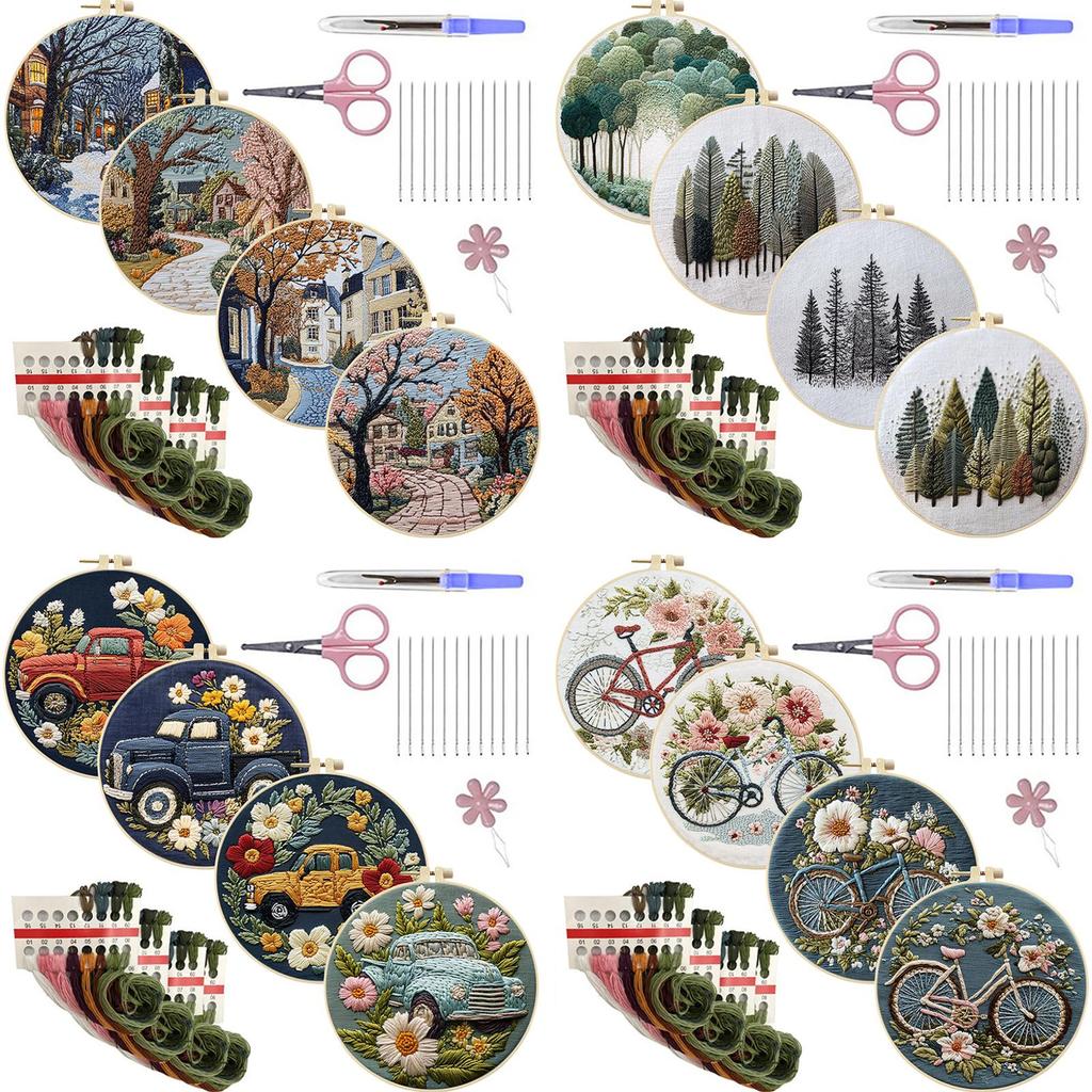 4 Pack Embroidery Starter Kit with Embroidery Hoop Needles Threads Instruction Stamped Cross Stitch Kits with Pattern for Adults
